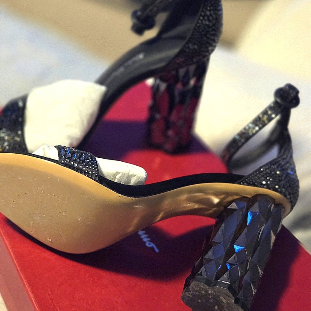 Salvatore Ferragamo Elegant Black Rhinestone Sandal (Used) 10